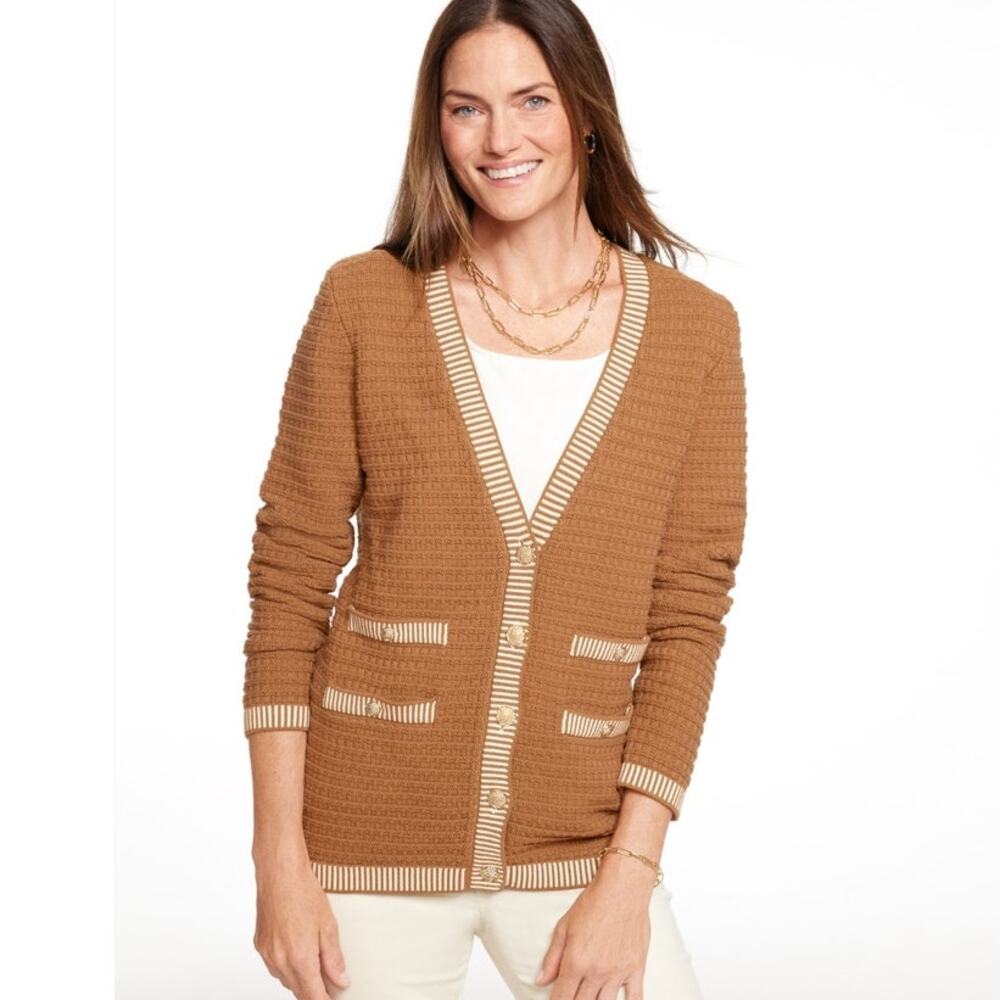 Talbots Plus V-Neck Cable Knit Cardigan Sweater OX 12W Camel Old Money Cotton